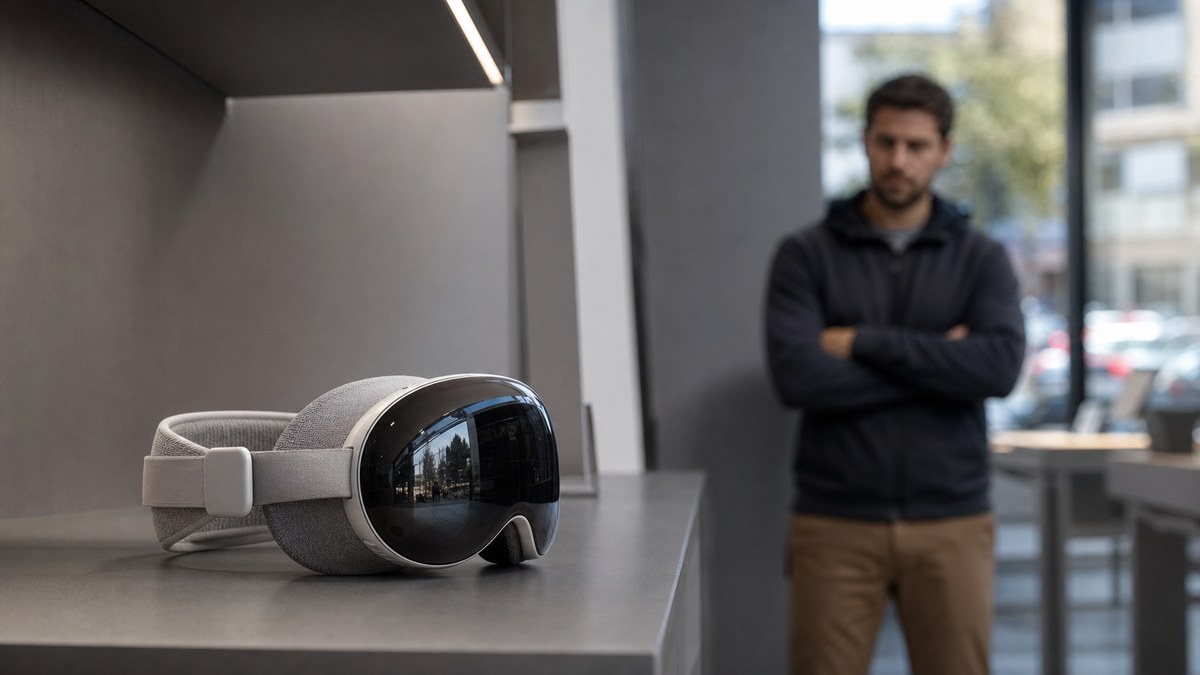 Unbranded mixed-reality headset on a showroom shelf with hesitant shopper behind