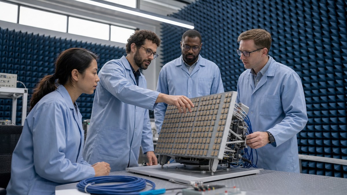 Engineers inspecting an antenna array inside a wireless research lab