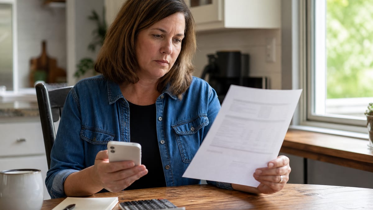 A consumer reviews a smartphone and blurred wireless bill at a kitchen table with a calculator nearby