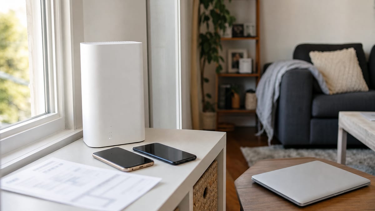 A plain home internet gateway sits near two smartphones, a blurred household bill, and a laptop in a natural-light living room