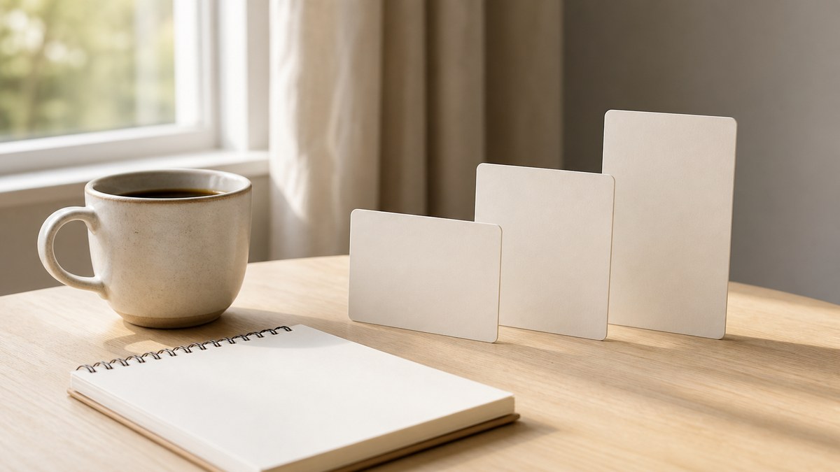 Three ascending blank cards on a sunlit table suggesting plan tiers