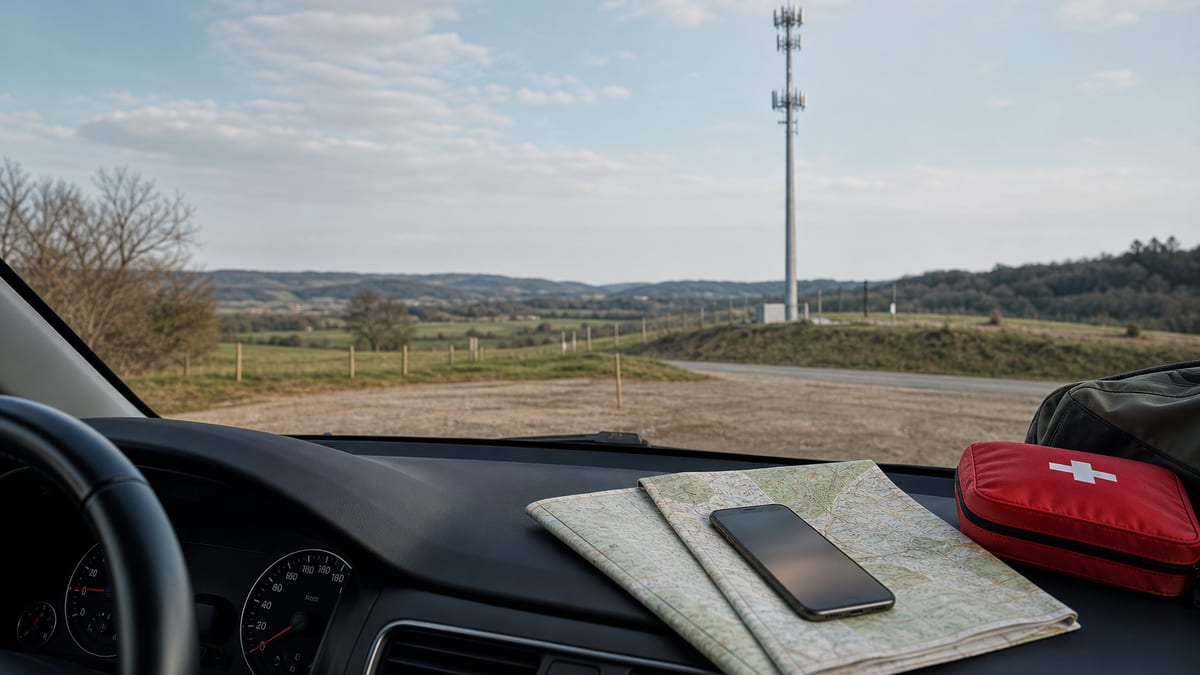 An unbranded smartphone rests on a car dashboard with a folded map, emergency kit, and a distant rural cell tower