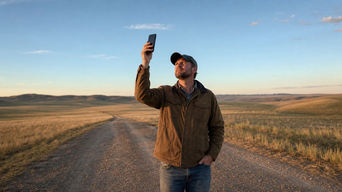 Person on remote grassland road holding phone toward open evening sky