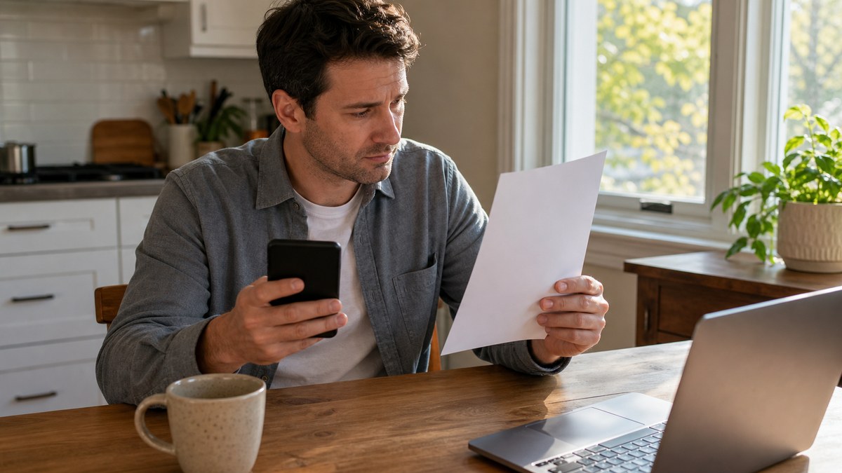 Person reviewing paper statements at a home desk under warm lamp light