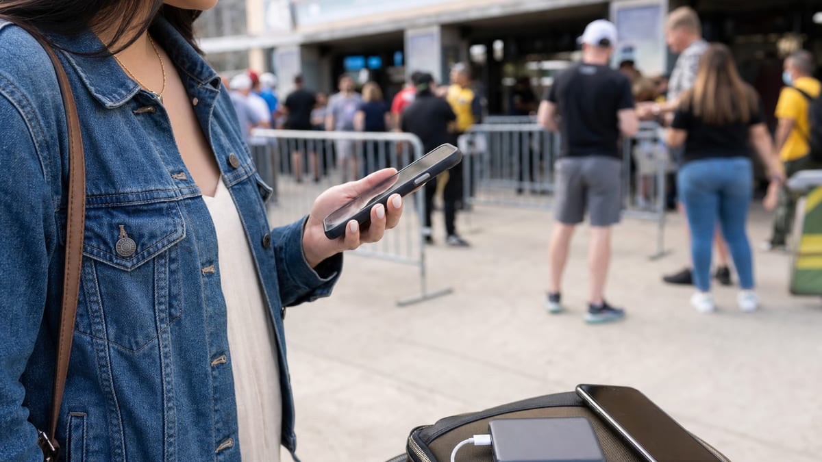 Unbranded smartphone and portable battery near a crowded event entrance with blurred signs and people in the background