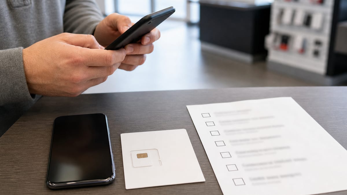 Unbranded smartphone, plain SIM card, and blurred wireless checklist on a store counter