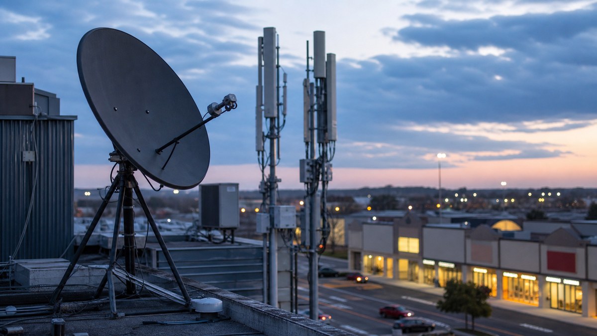 A rooftop satellite dish and cellular antennas, illustrating Dish bankruptcy questions for Boost customers