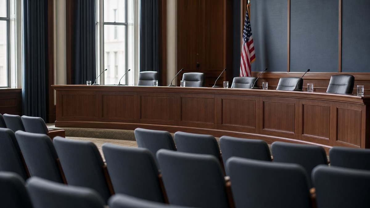 Empty government hearing room with microphones on a wooden dais
