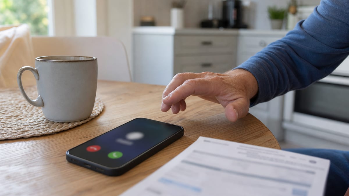 A person hesitates over a smartphone with a blurred incoming call next to a paper phone bill on a kitchen table