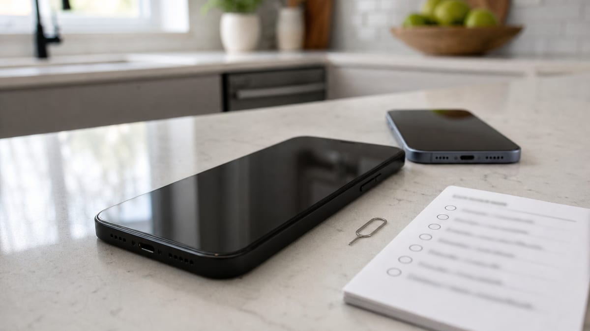 Two unbranded smartphones, a SIM eject tool, and a blurred checklist on a bright kitchen counter