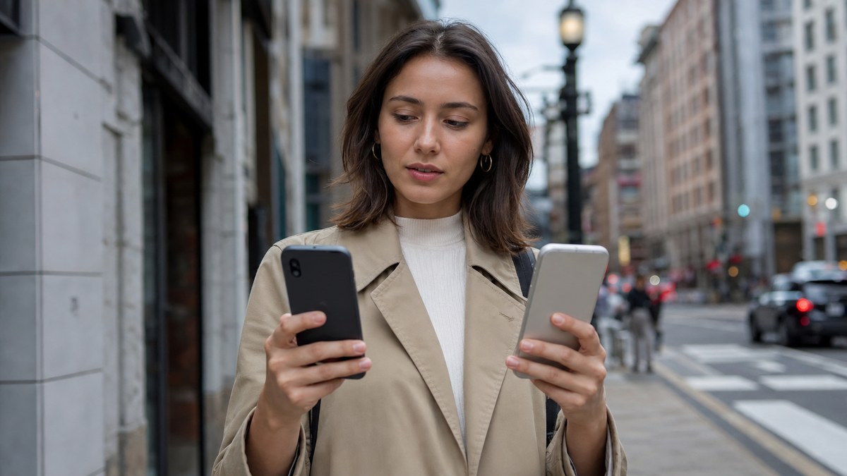 Woman on sidewalk comparing two smartphones held side by side