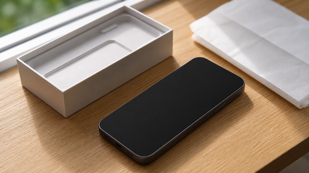Freshly unboxed smartphone with blank screen on a wooden desk