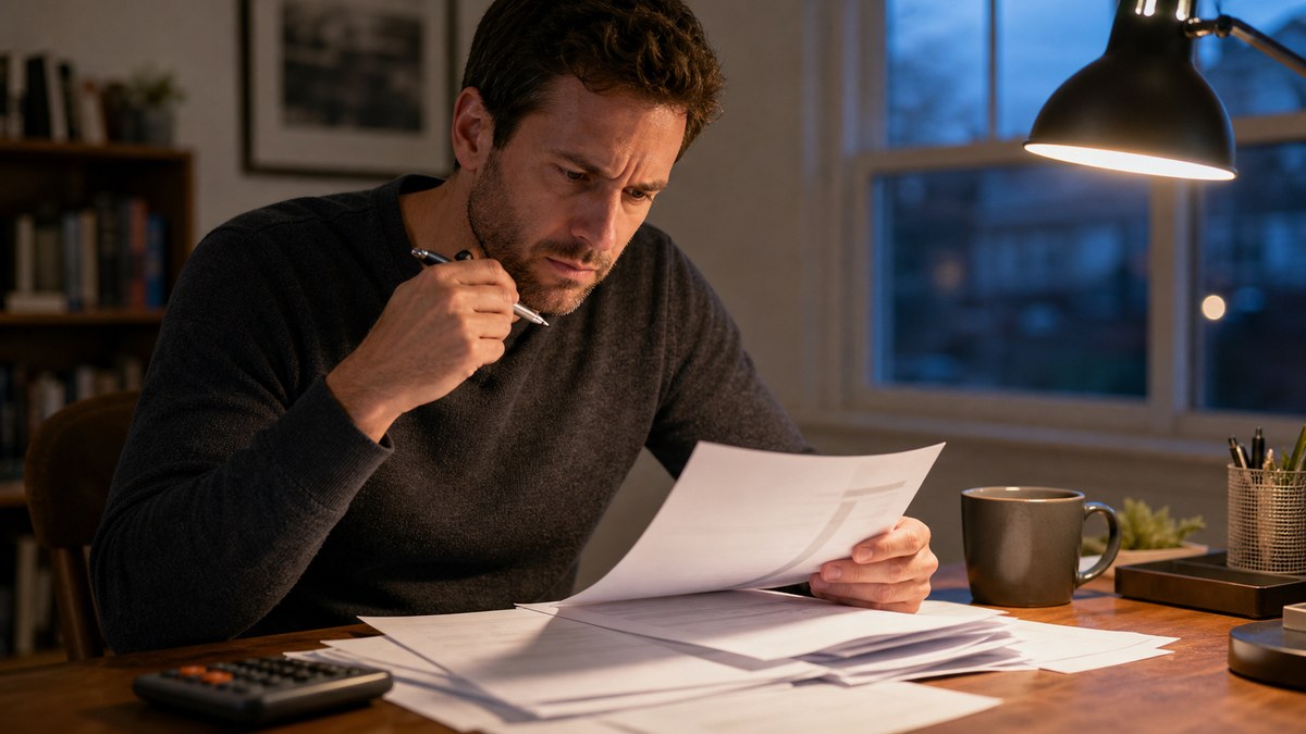 Person reviewing paper statements at a home desk under warm lamp light