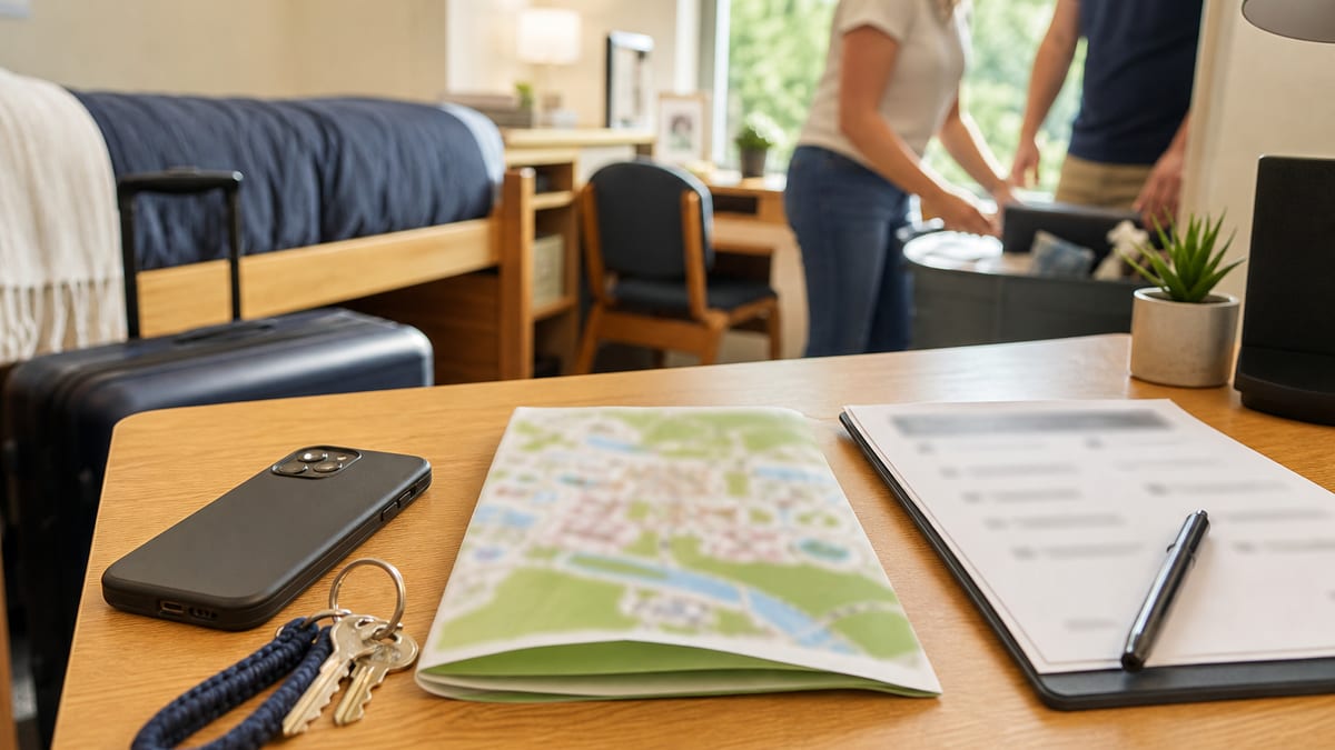 Smartphone, dorm keys, blurred campus map, and move-in checklist on a sunlit college dorm desk