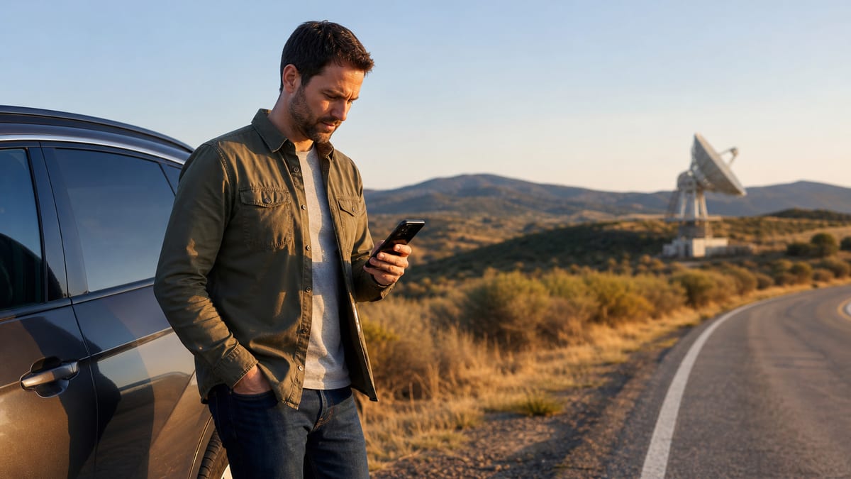 A man checking his smartphone beside a rural road with satellite communications equipment in the distance