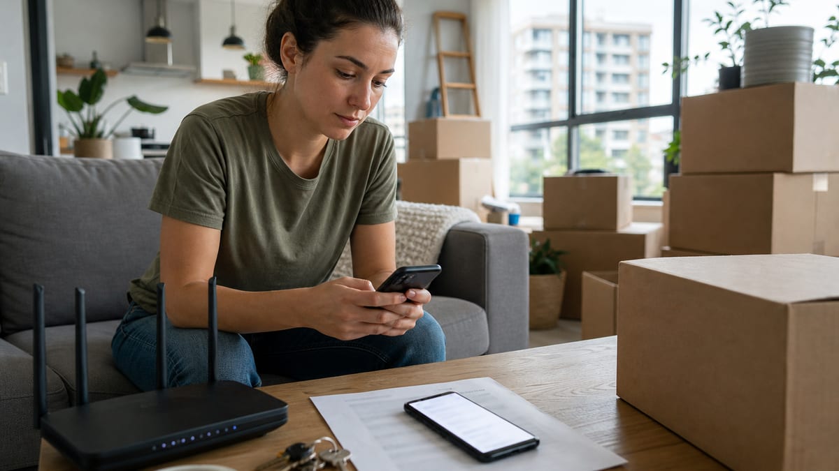A person checks an unbranded phone beside a router, keys, paperwork, and moving boxes in a bright apartment