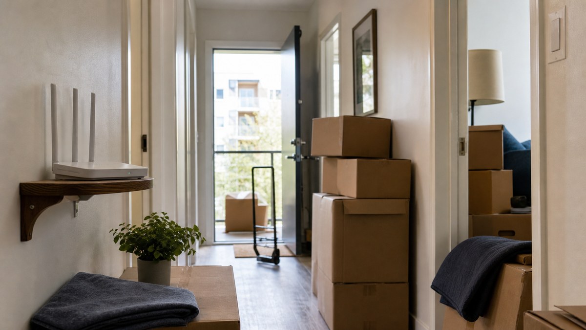 Moving boxes in an apartment hallway, illustrating phone coverage changes after a move
