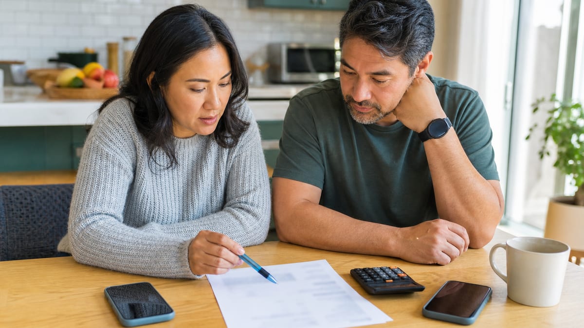 Two adults review a blurred phone bill with smartphones and a calculator on a kitchen table
