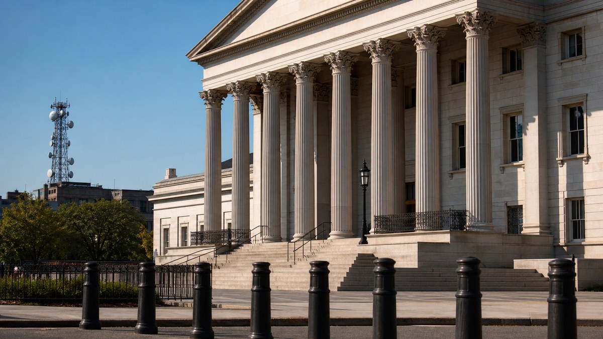 A courthouse exterior with a distant cellular antenna, illustrating location-data privacy cases