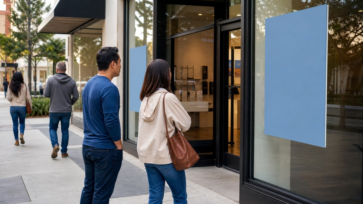 Shoppers passing a neutral wireless storefront, illustrating May phone plan price comparisons