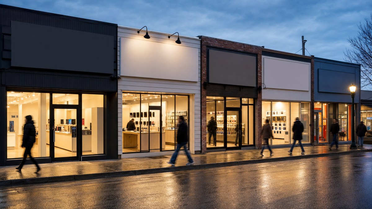 Row of glowing storefronts at dusk suggesting competing sellers