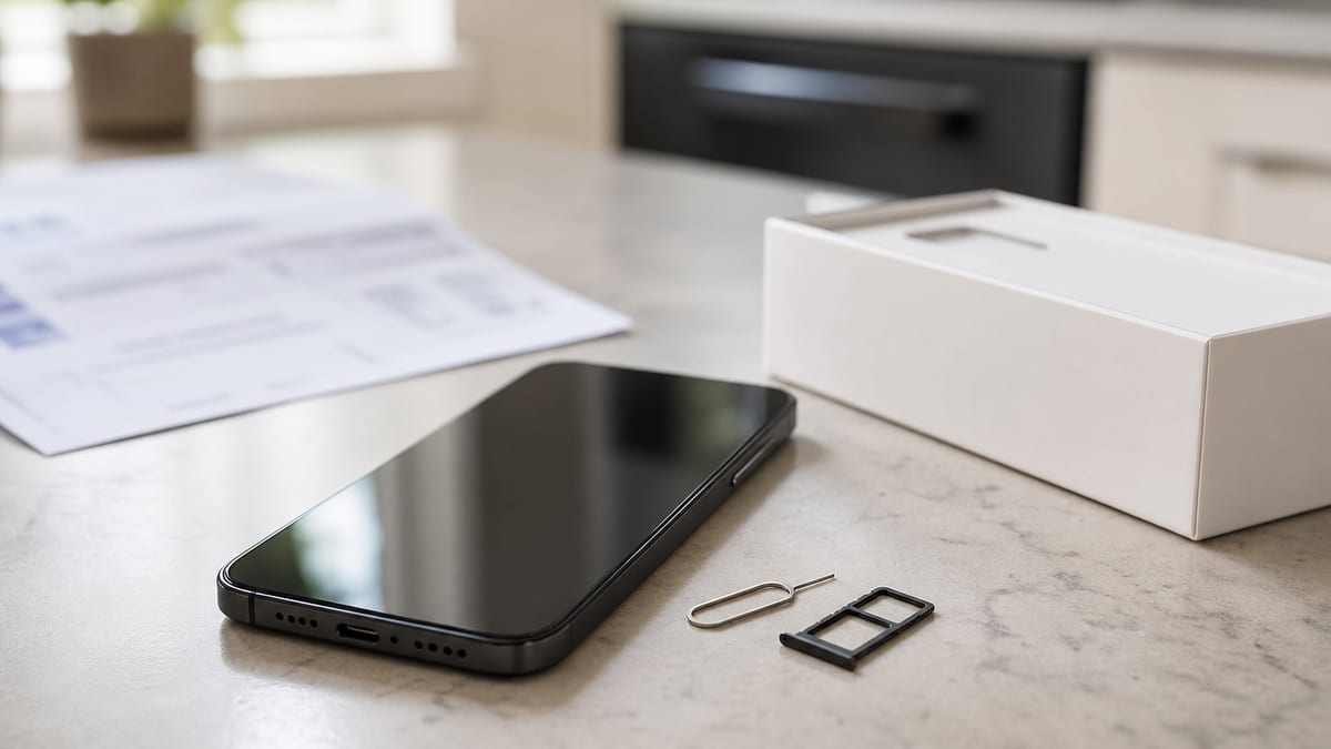 An unbranded smartphone sits beside a SIM eject tool, SIM tray, plain phone box, and blurred wireless bill on a kitchen counter