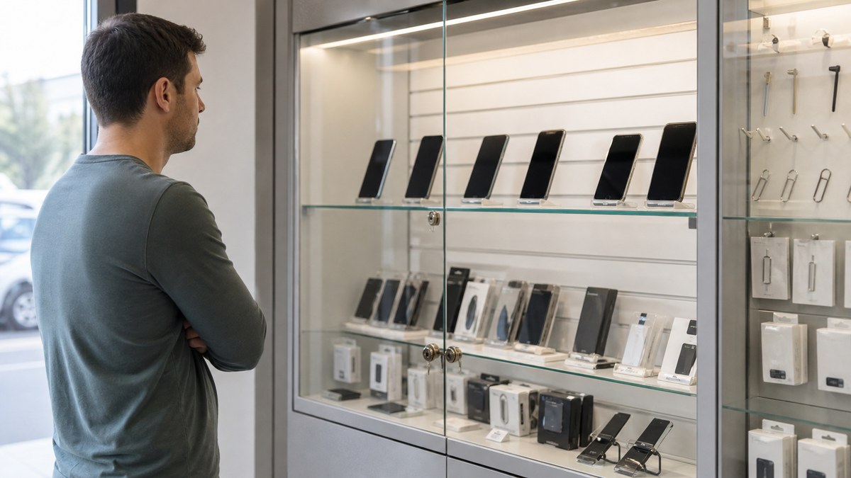 A customer viewing locked phone displays in a repair shop, illustrating carrier unlock rules