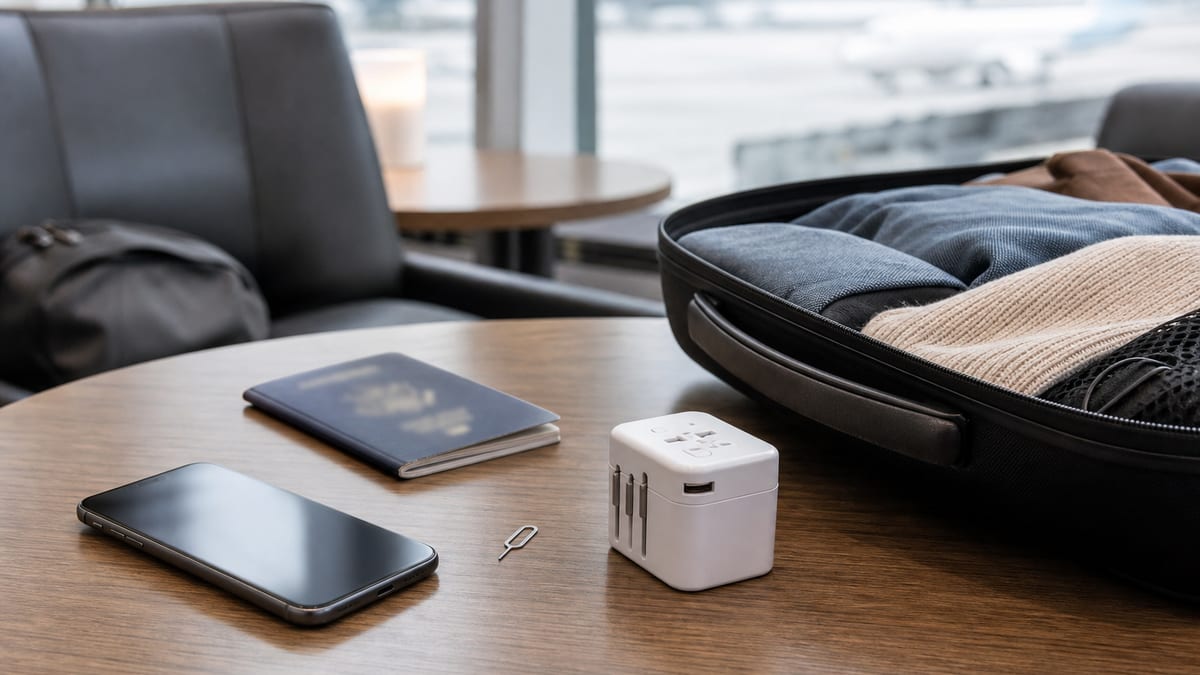 Unbranded smartphone, passport, SIM tool, travel adapter, and carry-on bag on an airport lounge table