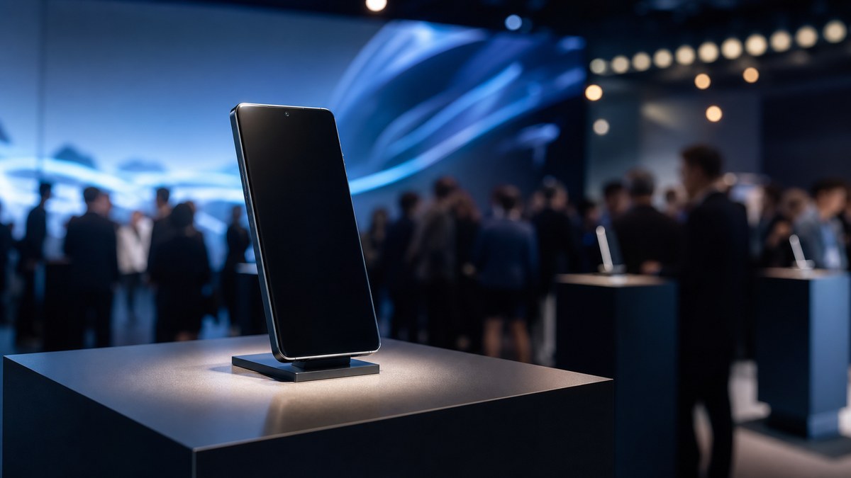 Unbranded smartphone displayed on a lit pedestal at a product launch venue