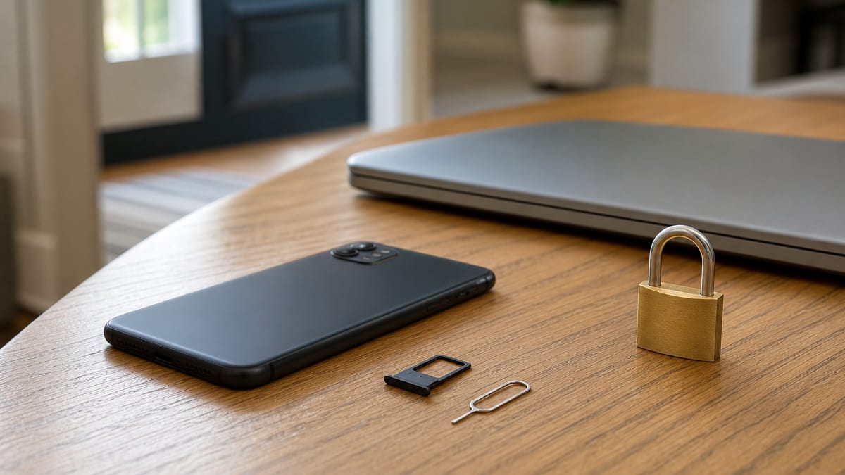 Unbranded smartphone, SIM tray, SIM eject tool, laptop, and padlock on a wooden entryway table