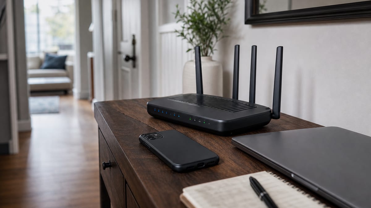 Unbranded smartphone beside a home router, closed laptop, and blurred notebook on a hallway table