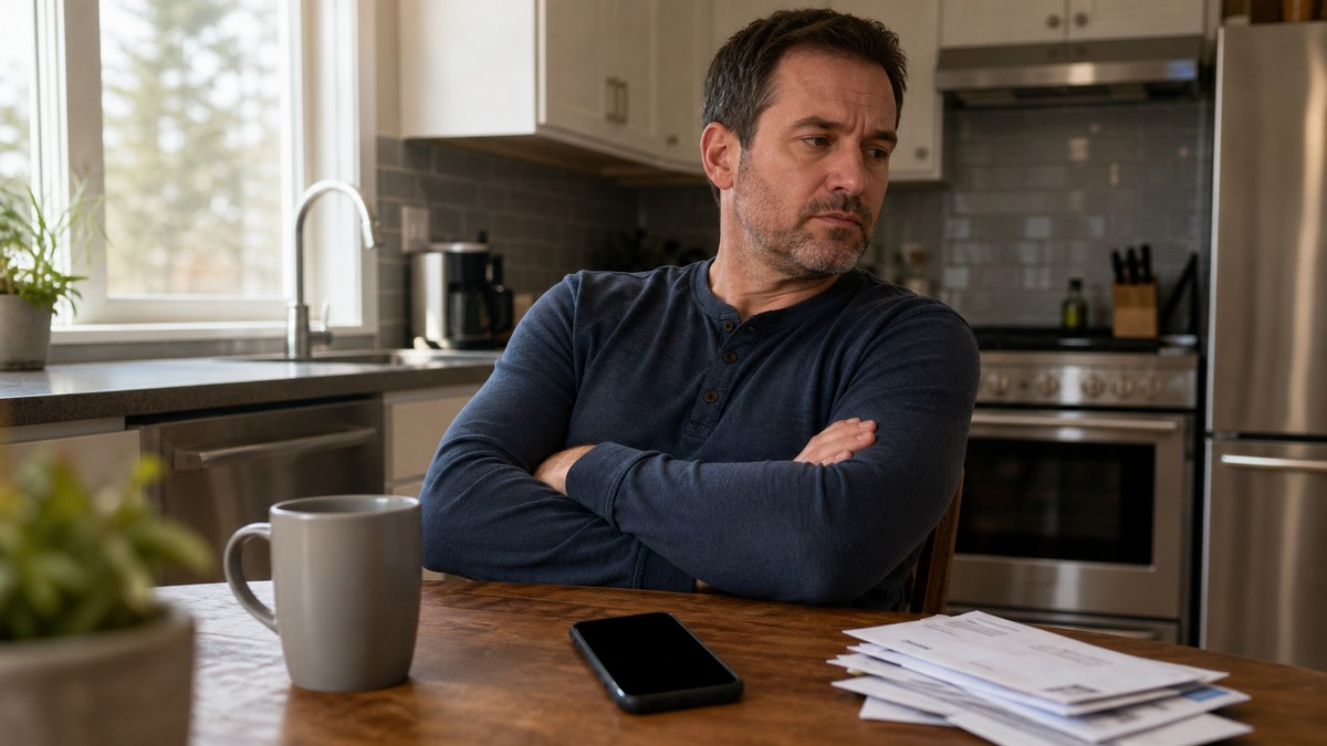 Person at kitchen table ignoring a phone beside a coffee mug