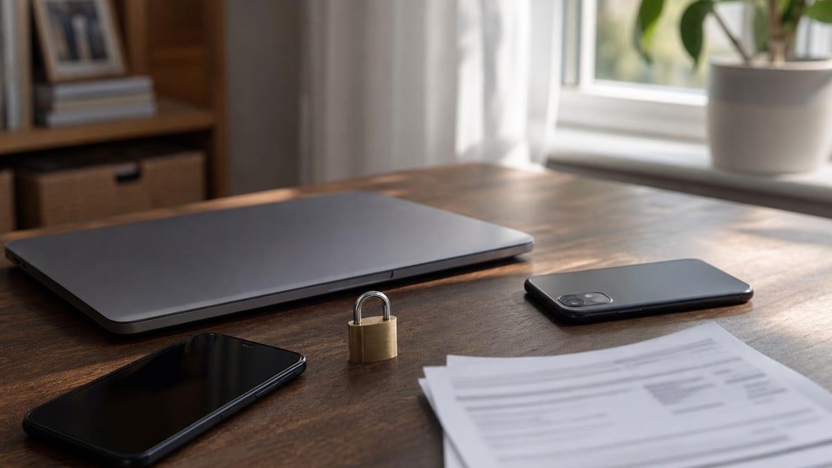 Unbranded smartphones, padlock, blurred phone bill, and closed laptop on a sunlit home desk for a privacy and wireless bill check