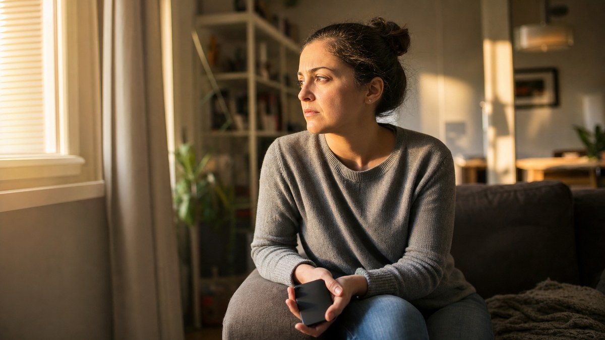Woman in a living room holding her smartphone face down while looking toward a window