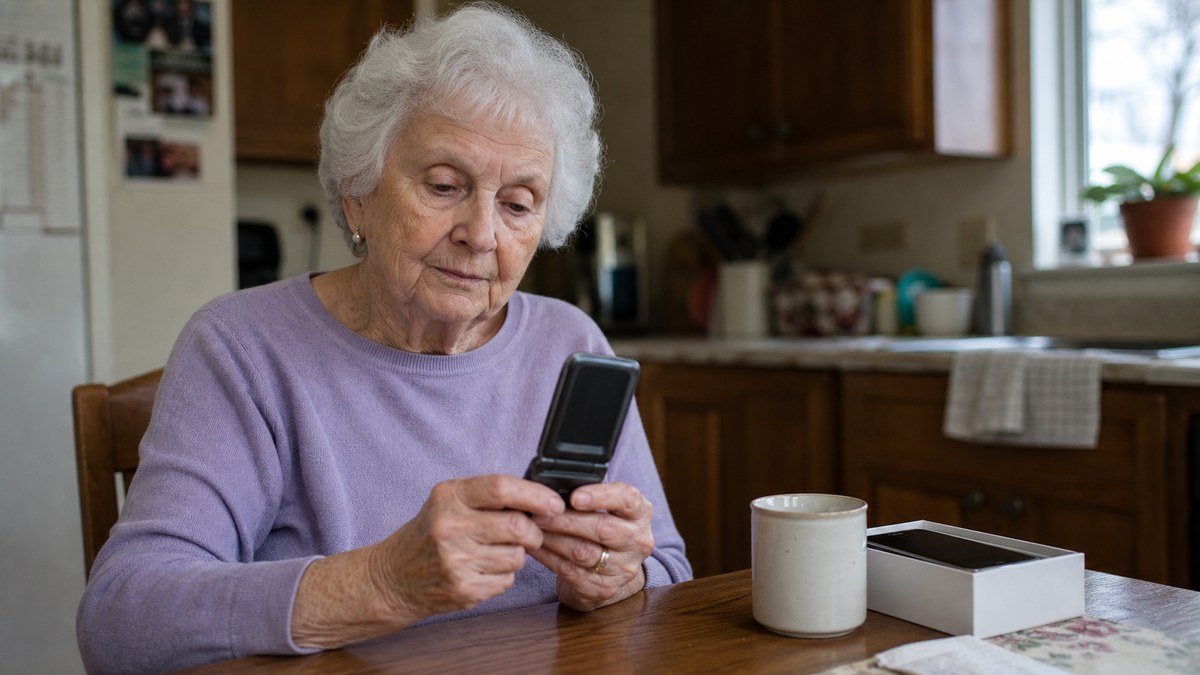Older woman at her kitchen table holding an aging flip phone next to a boxed newer smartphone