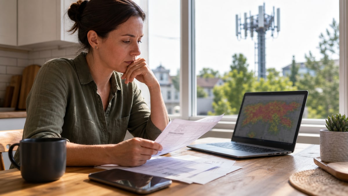 Person comparing a phone bill and wireless coverage information at a kitchen table with cell equipment visible outside