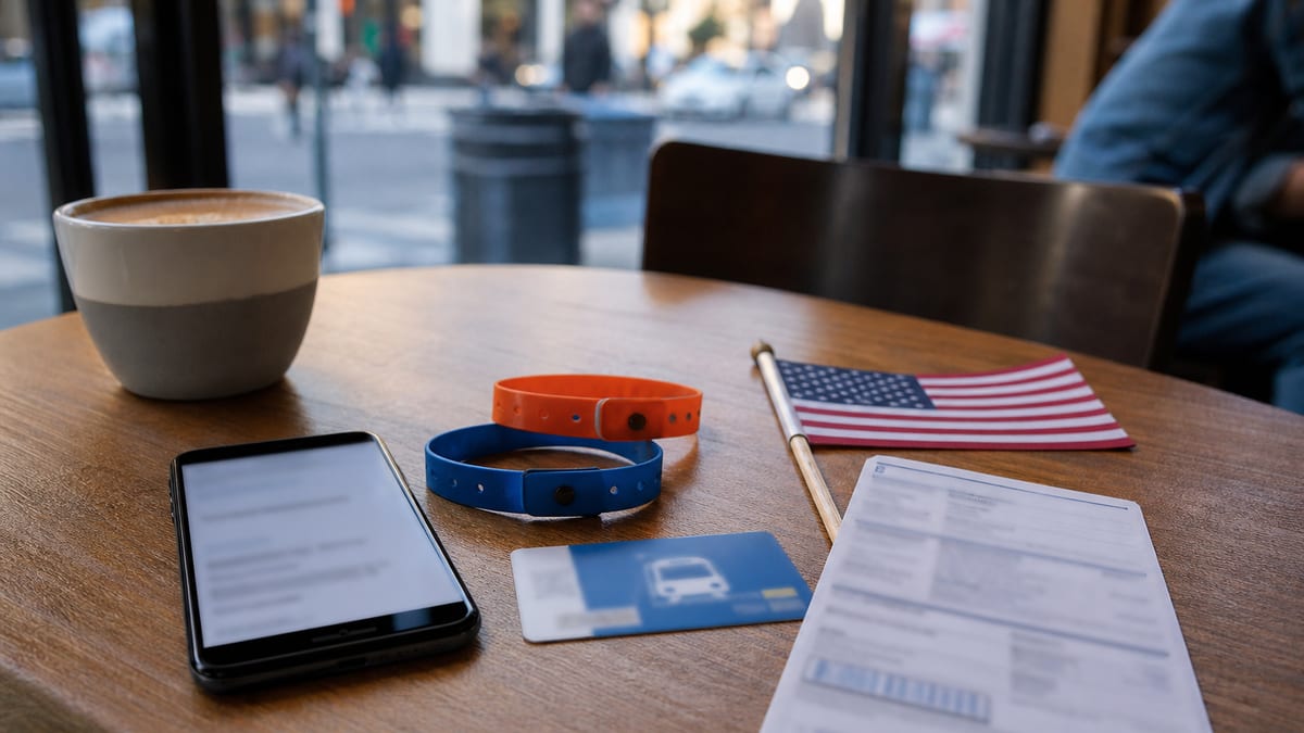 A smartphone, blurred phone bill, transit card, event wristbands, and small U.S. flag sit on a coffee shop table before a city event
