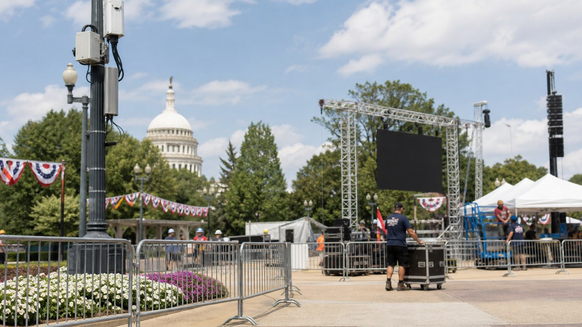 A public event plaza with small-cell equipment, illustrating America250 wireless event perks