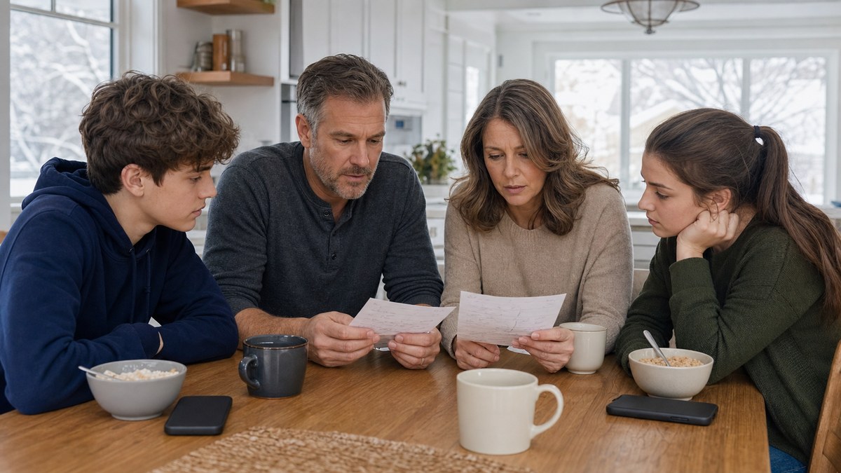 Family at kitchen table discussing phone plan options on a winter morning