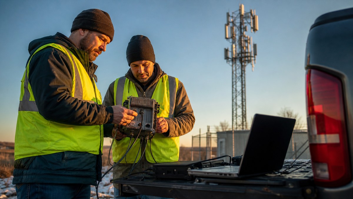 Engineers testing wireless equipment at the base of a cellular tower