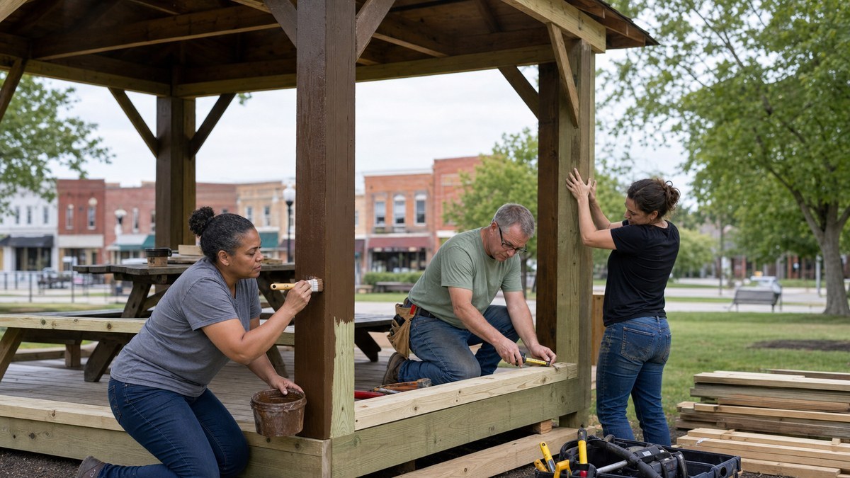 Volunteers building a wooden pavilion in a small-town public park