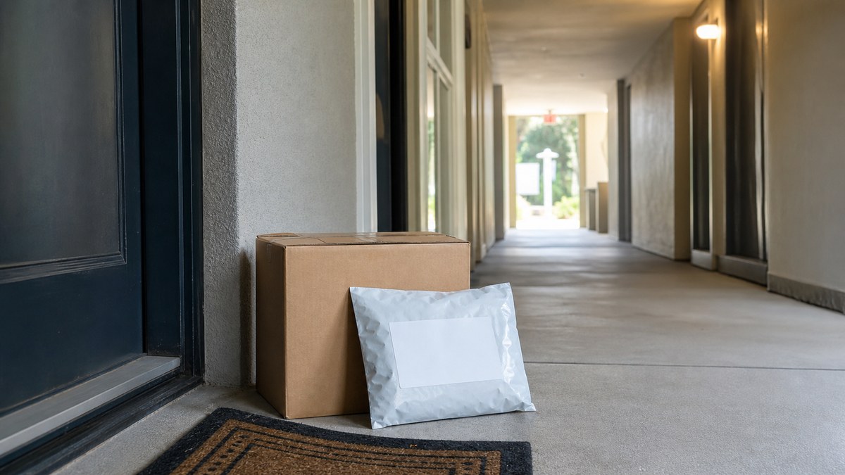 A plain shipping box in an apartment corridor, illustrating switcher reimbursement steps