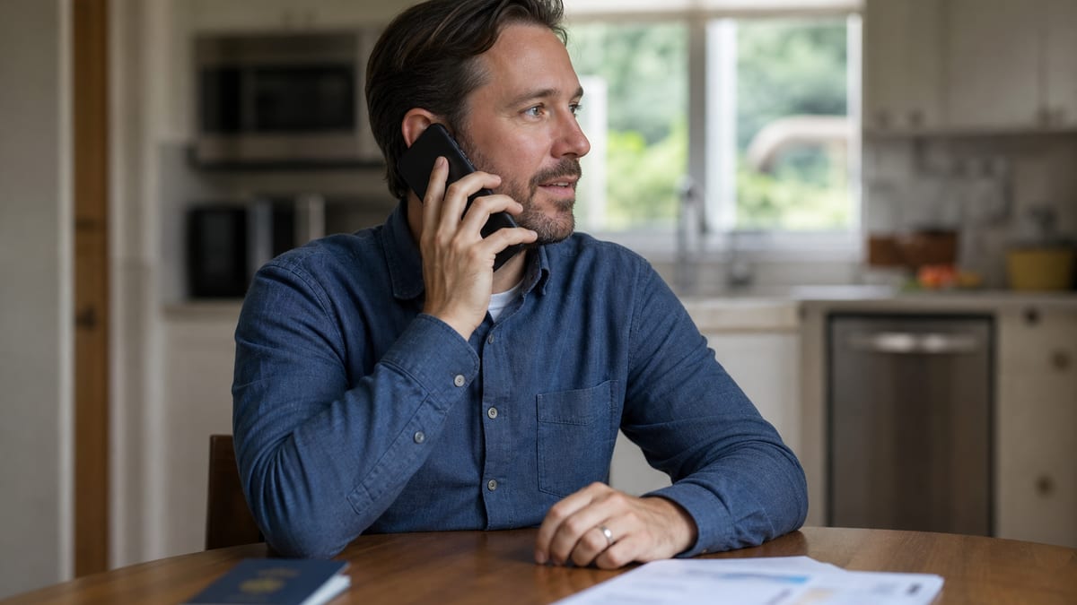 A person makes a smartphone call at a kitchen table beside a blurred phone bill and passport
