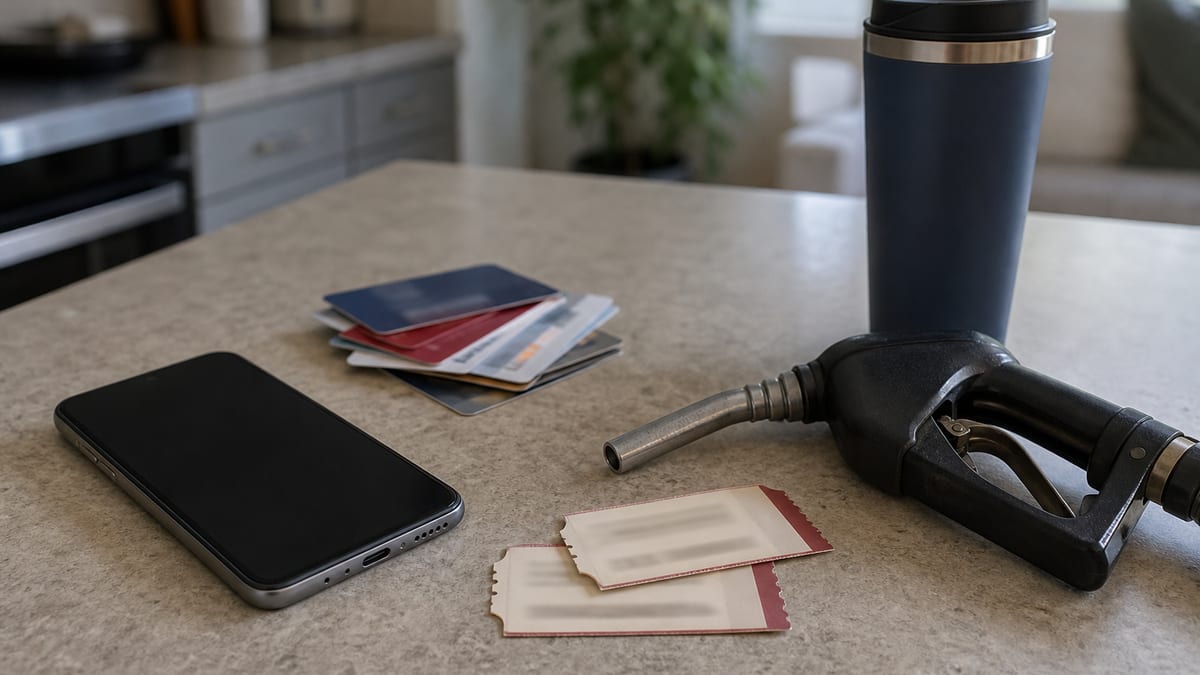 Unbranded smartphone, blurred loyalty cards, movie tickets, travel cup, and gas pump handle on a sunlit kitchen counter for a wireless perk check