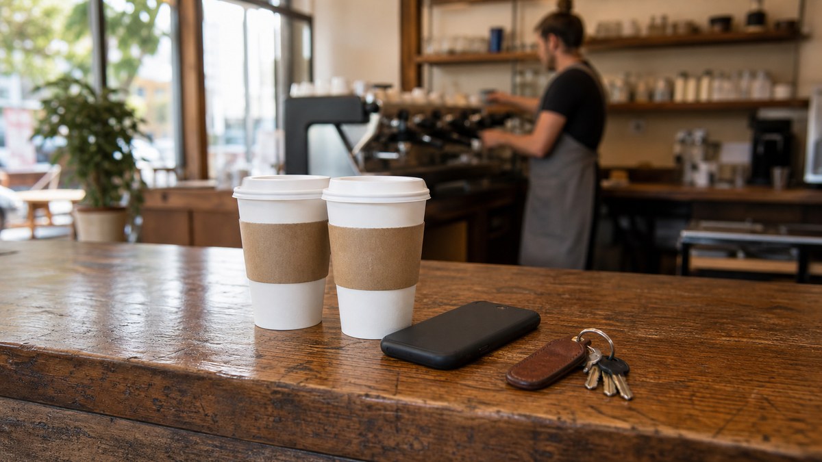 Two unmarked takeaway coffee cups, house keys, and a face-down phone on a wooden cafe counter