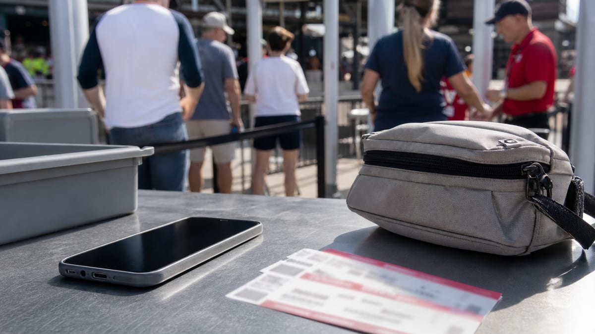 Unbranded smartphone, blurred event tickets, and small bag at a sunny stadium entrance security table for a wireless event perk check