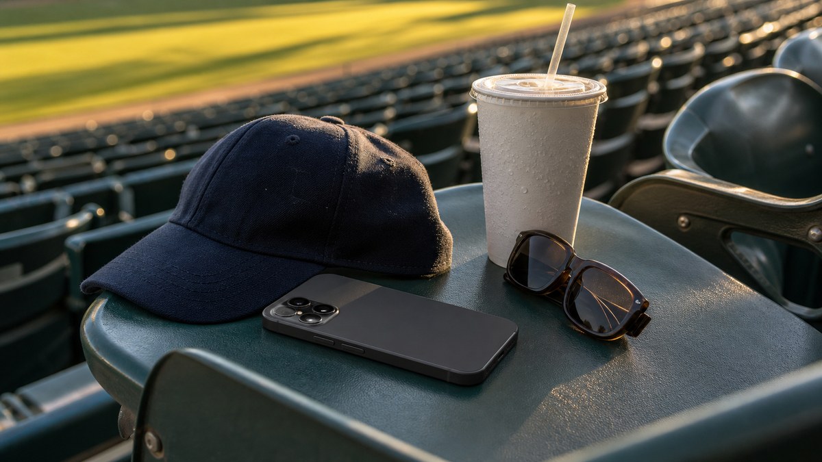 Smartphone on a sunlit stadium bleacher seat beside a folded cap and sunglasses