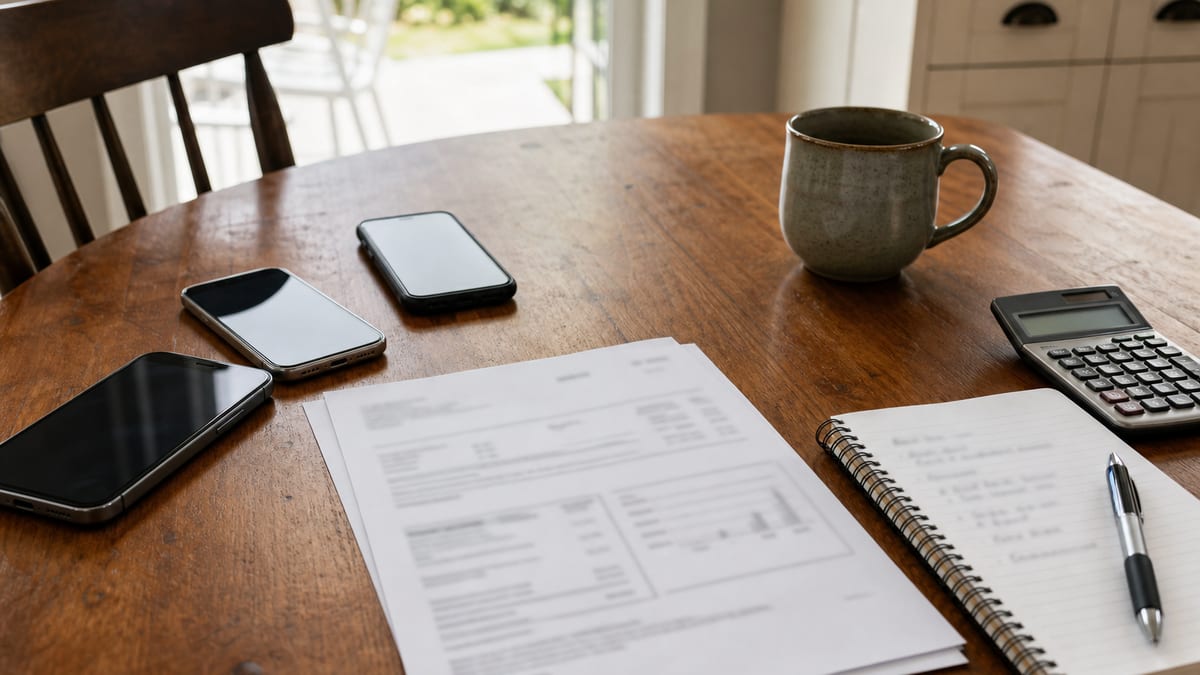 Three unbranded smartphones, a blurred wireless bill, notebook, and calculator on a kitchen table for checking phone-plan migration charges