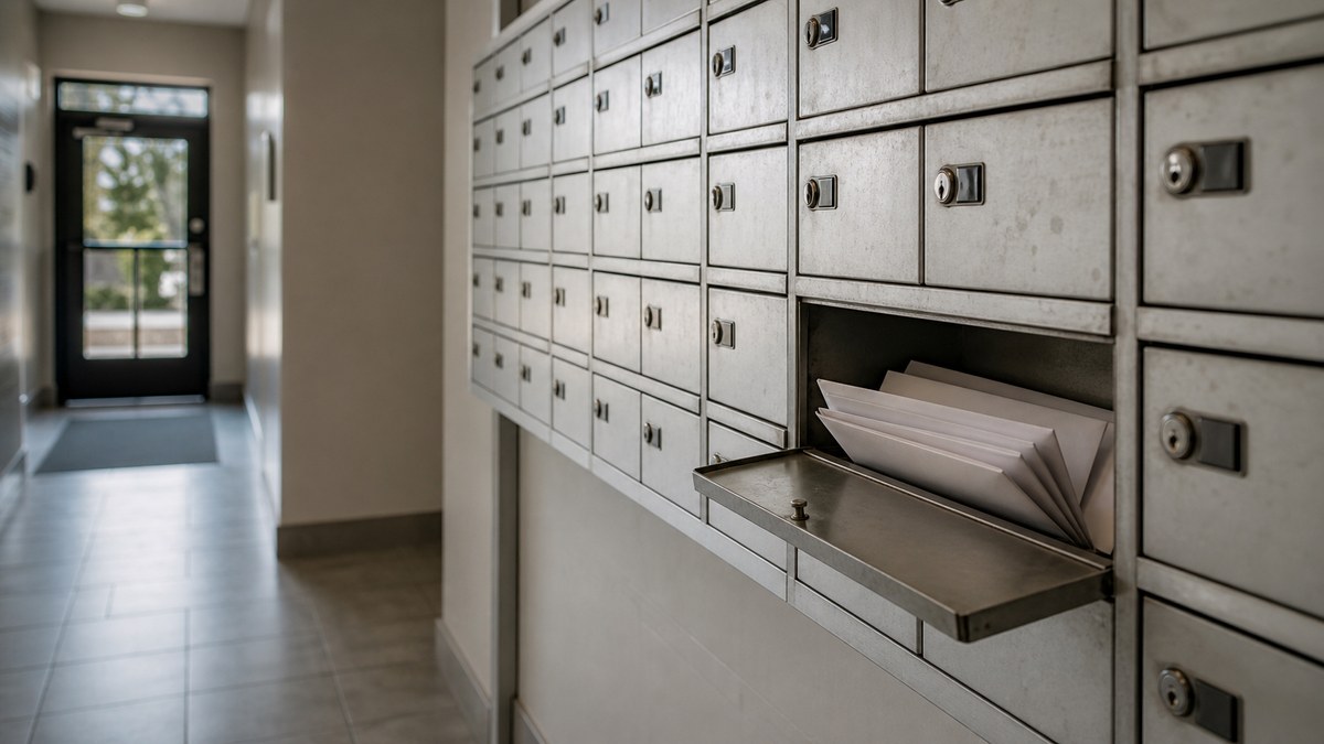 Apartment mailboxes with sealed envelopes, illustrating phone plan migration billing errors
