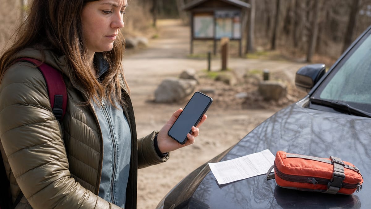 A person at a rural trailhead checks a smartphone beside a paper phone bill and emergency kit, representing satellite phone backup service.
